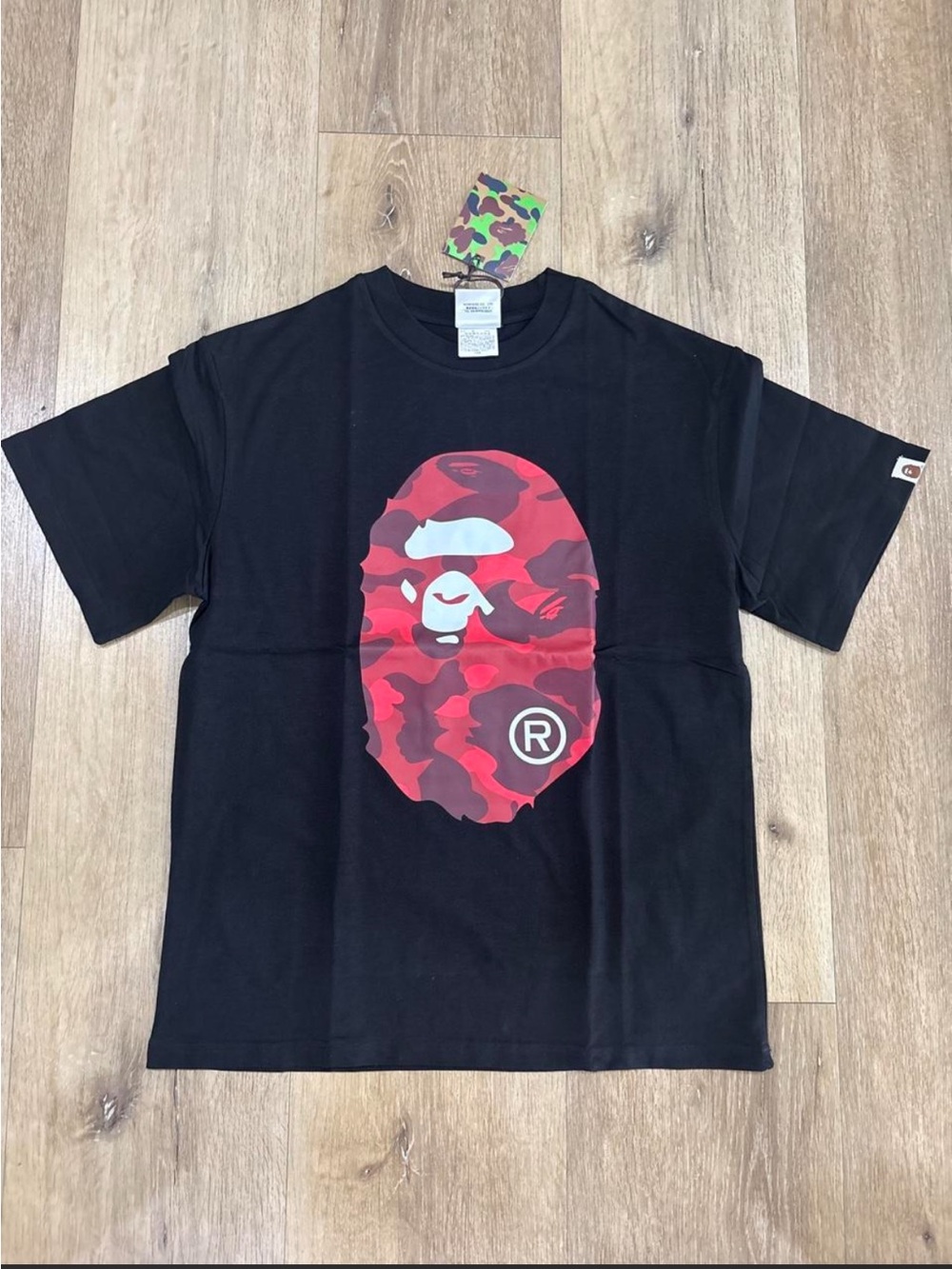 Bape Black Tee with Red Camo Ape Head Graphic